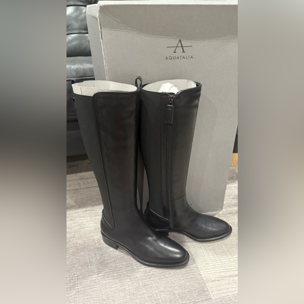 Aquatalia Nastia Calf Elastic Black Leather Knee-High Boots
